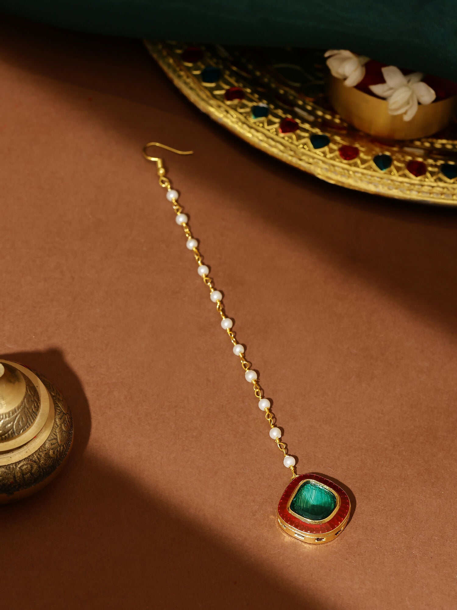 Ruby Raang Green and Red Meenakari Kundan Maang tikka