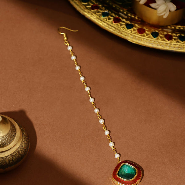 Ruby Raang Green and Red Meenakari Kundan Maang tikka