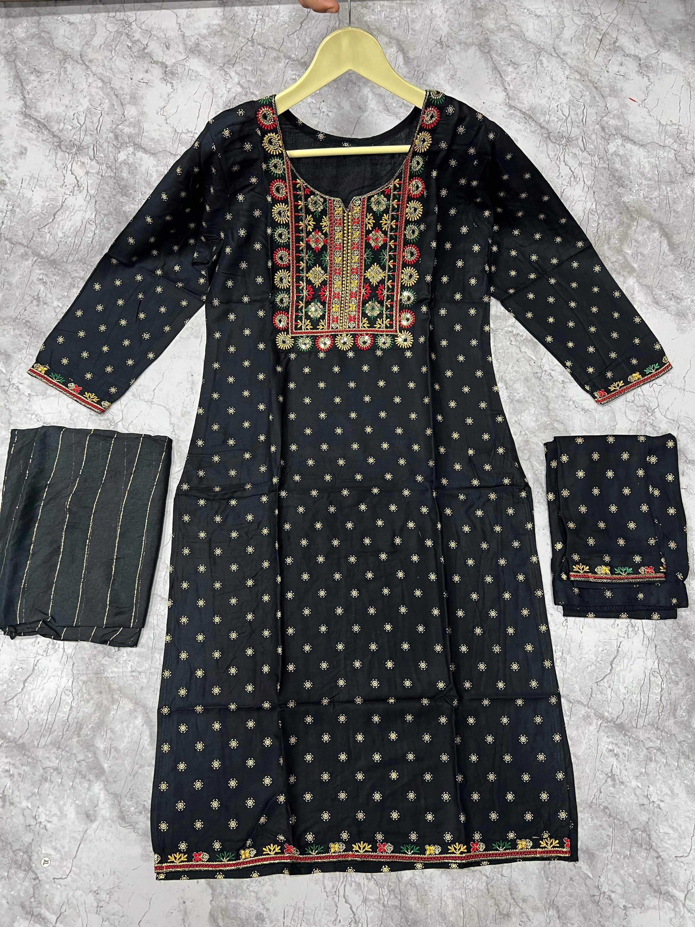 Jyoti Fashion Women's Black 14KG Rayon Foil Print with Embroidery Kurta Set - Distacart