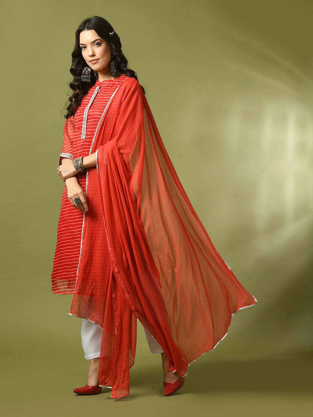 Myshka Women's Red Printed Kota Straight Party Kurta Set With Dupatta - Distacart