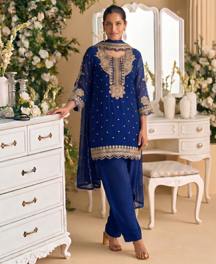 KC New Georgette Short Salwar Kameez Pakistani Style Navy Blue - Dista