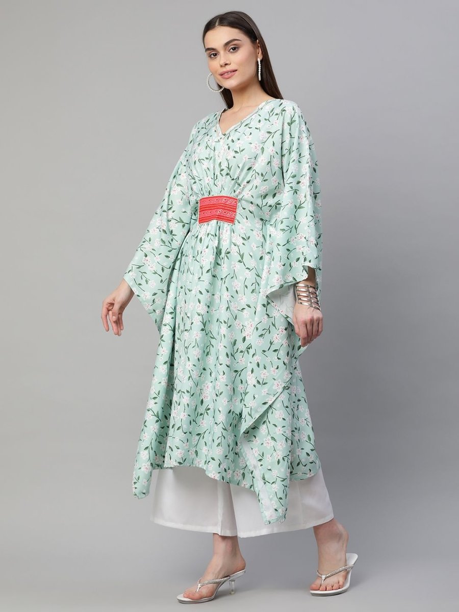 Ahalyaa Women Light Green Rayon Printed Flared Sleeve Kaftan Kurta - Distacart
