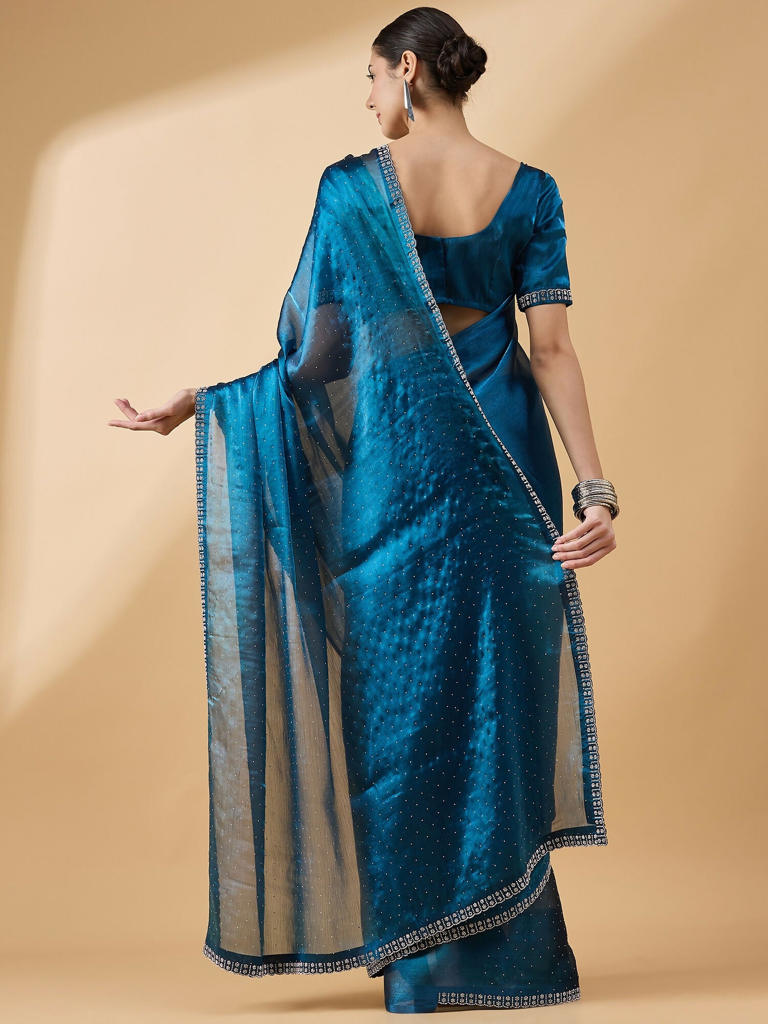 Teal Organza Swaroski Diamond Work Saree with Unstitched Blouse - Radha - Distacart