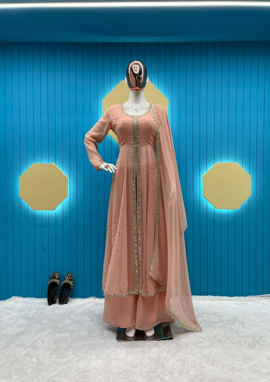 Preksha Creation Indian Desirable Fancy Faux Georgette Cording Embroidered Work Top And Work Palazzo With Dupatta - Distacart