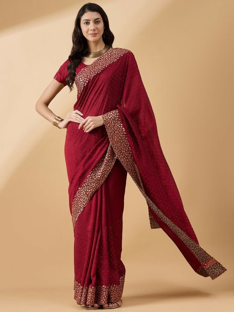 Maroon Silk Blend Embroidered Saree with Unstitched Blouse - Vairagi - Distacart