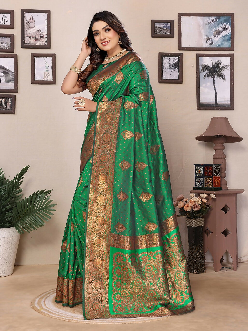 Joban Fashion Banarasi Green Woven Soft Silk Saree