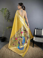 Thumbnail for Joban Fashion Yellow Peacock & Floral Motifs Tissue Paithani Saree - Distacart