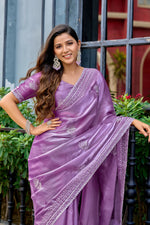 Thumbnail for Vastranavya Lavender Embroidery Work Shimmer Chiffon Saree with Unstitched Blouse