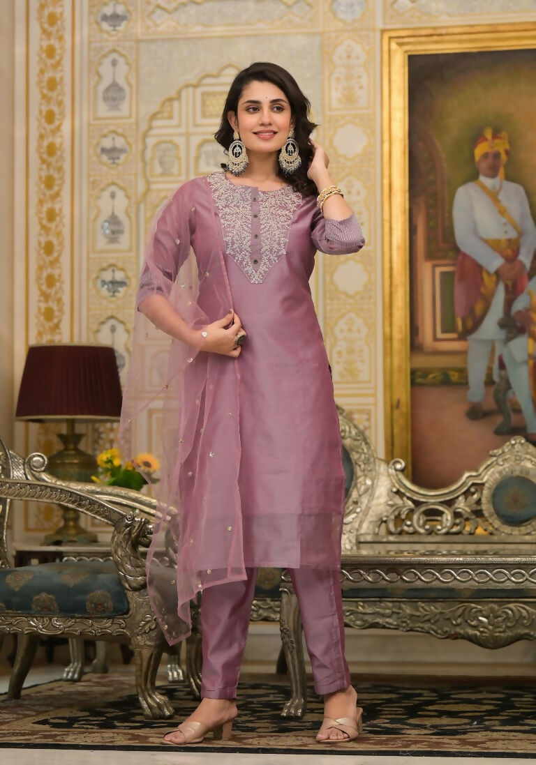 Partywear Designer Rose gold Cotton Silk Stitched Suit With Dupatta - Tanisha - Distacart