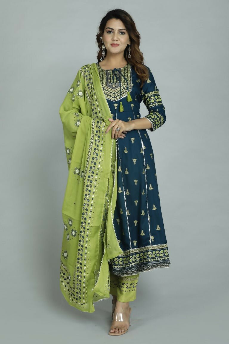 Alvano Women's Stylish Anarkali Kurti with Pant and Dupatta for Women and Girls (Teal) - Distacart