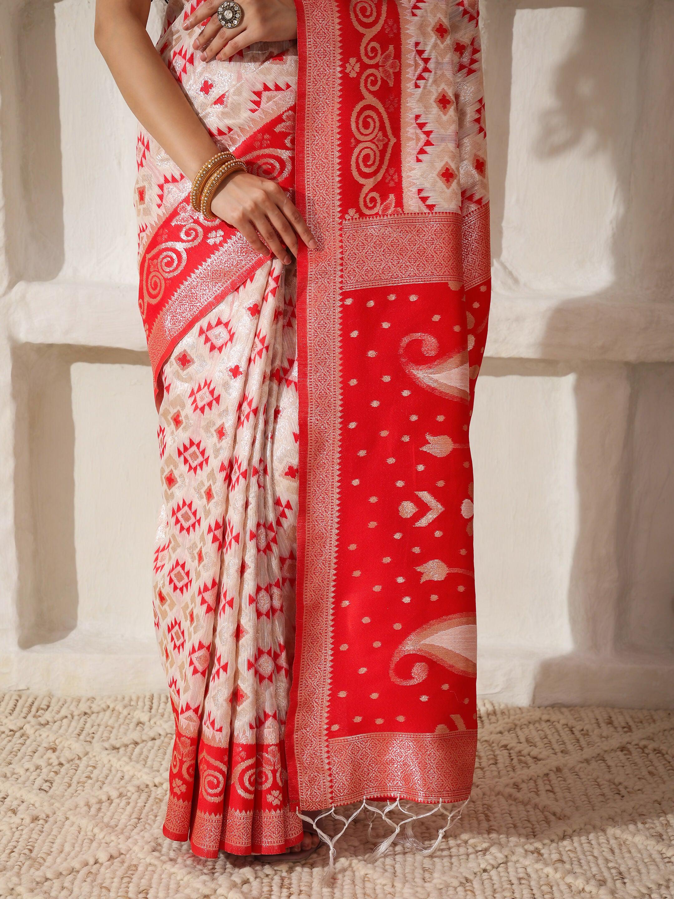 Astita Linen Cotton Red & White Saree