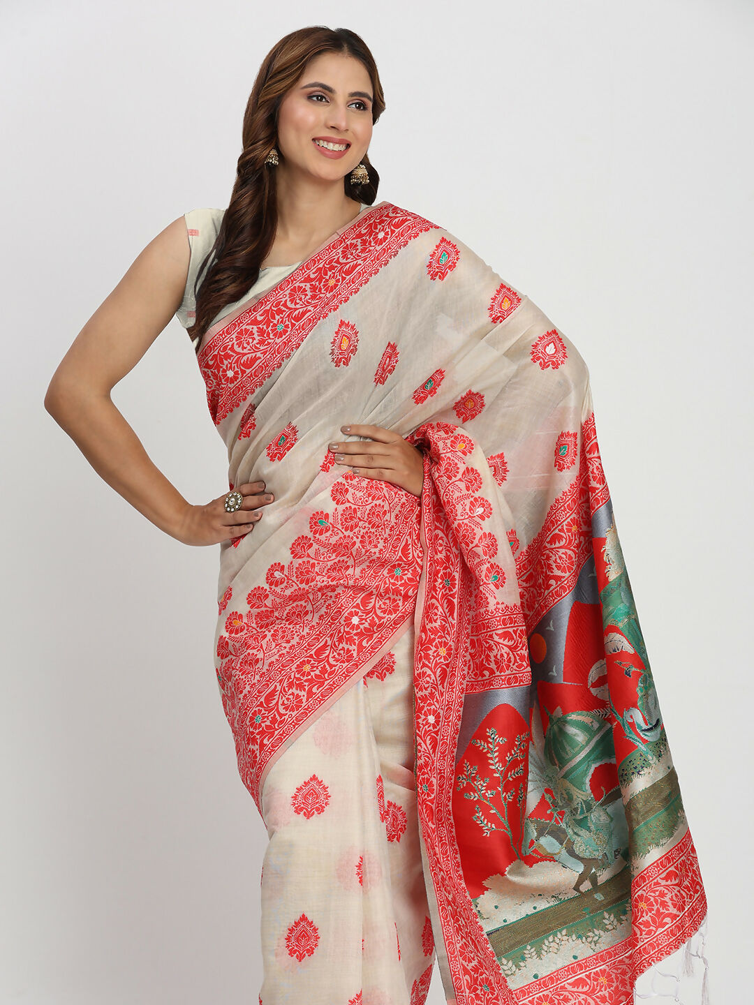 Astita Linen Cotton Cream & Red Saree