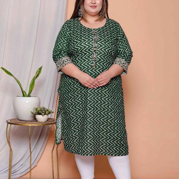 Miravan Womens Plus Size Green Zigzag Print Embroidery Rayon Straight Kurta - Distacart