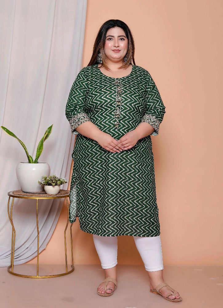 Miravan Womens Plus Size Green Zigzag Print Embroidery Rayon Straight Kurta - Distacart