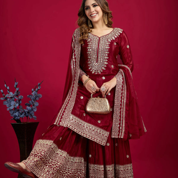 Joban Fashion Maroon Kurta Set Silk Sequins , Zari, Coding & Thread Embroidered work - Distacart