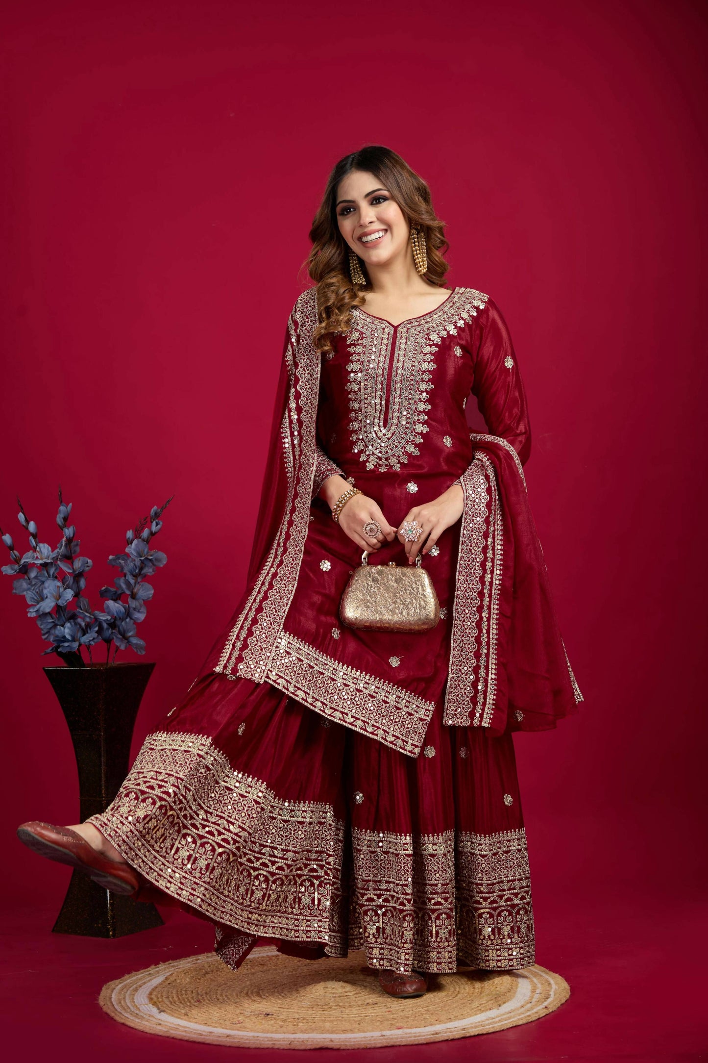 Joban Fashion Maroon Kurta Set Silk Sequins , Zari, Coding & Thread Embroidered work - Distacart