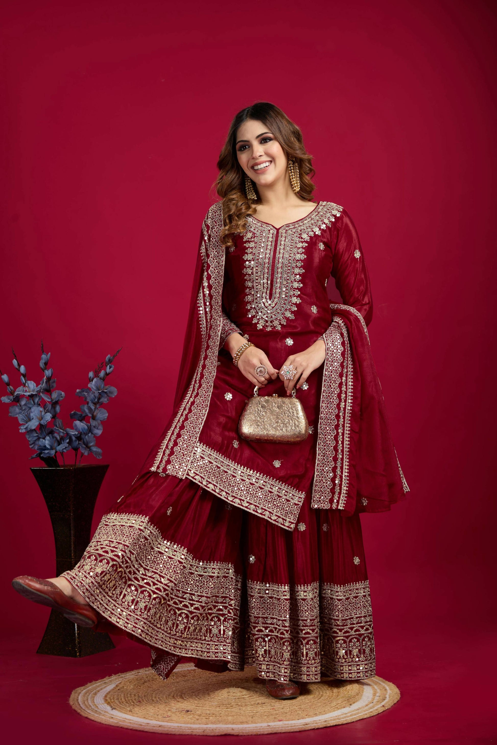 Joban Fashion Maroon Kurta Set Silk Sequins , Zari, Coding & Thread Embroidered work - Distacart