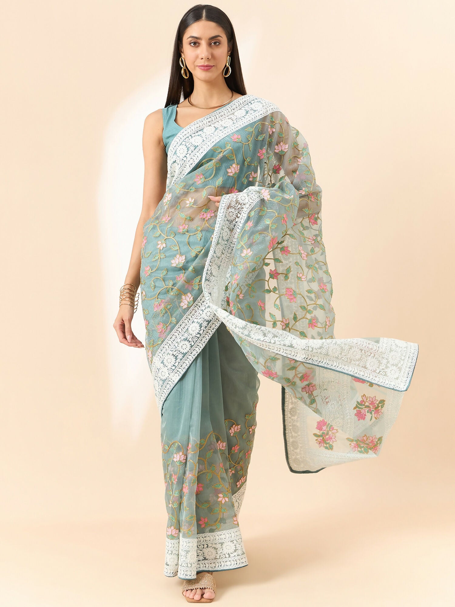 Blue Organza Floral Embroidered Saree with Unstitched Blouse Piece - Roozal - Distacart