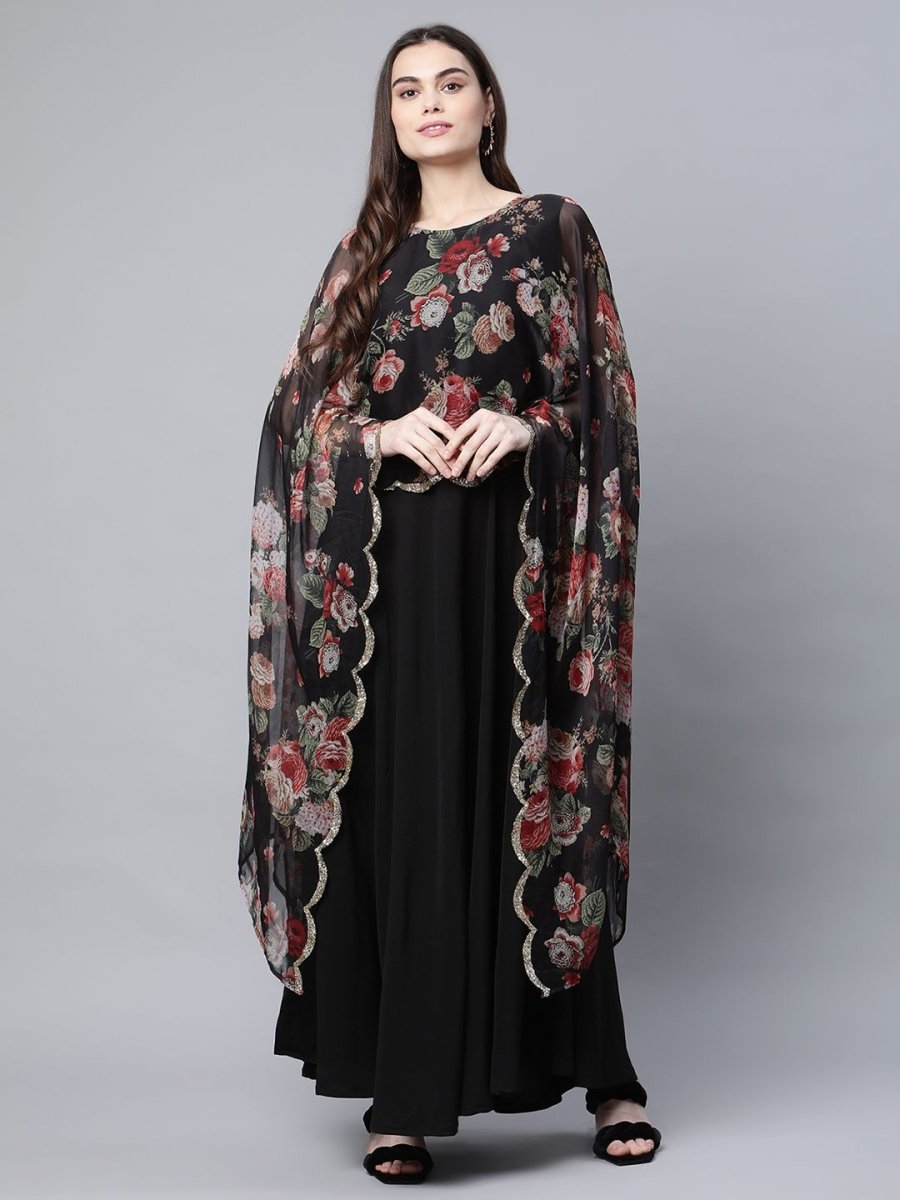 Ahalyaa Women Black Crepe Dress With Attached Dupatta - Distacart