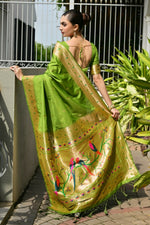 Thumbnail for Vishnu Weaves Women's Mahendi Paithani Silk Zari Woven Saree with Blouse