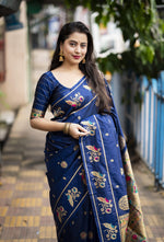Thumbnail for Navy Blue Pure Silk Woven Design Saree with Unstitched Blouse - Hiral Fashion - Distacart