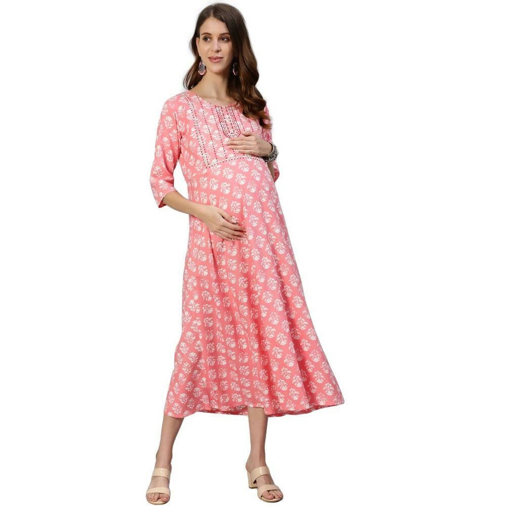 Anubhutee Women's Cotton Knee-Length Floral Printed Maternity A-Line Midi Pink Dress - Distacart