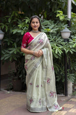 Thumbnail for Green Pure Linen Ethnic Motifs Saree with Unstitched Blouse - Hiral Fashion - Distacart