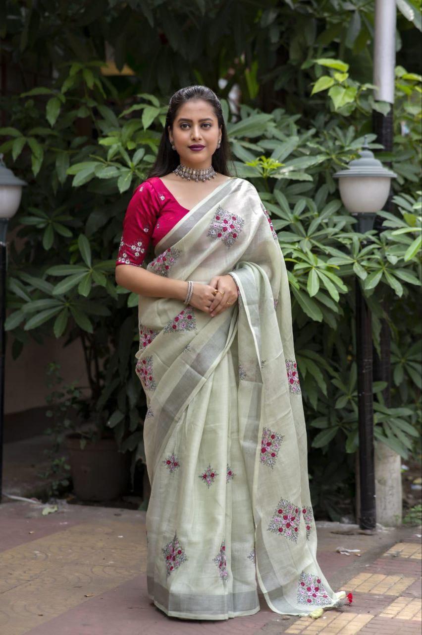 Green Pure Linen Ethnic Motifs Saree with Unstitched Blouse - A2M - Distacart