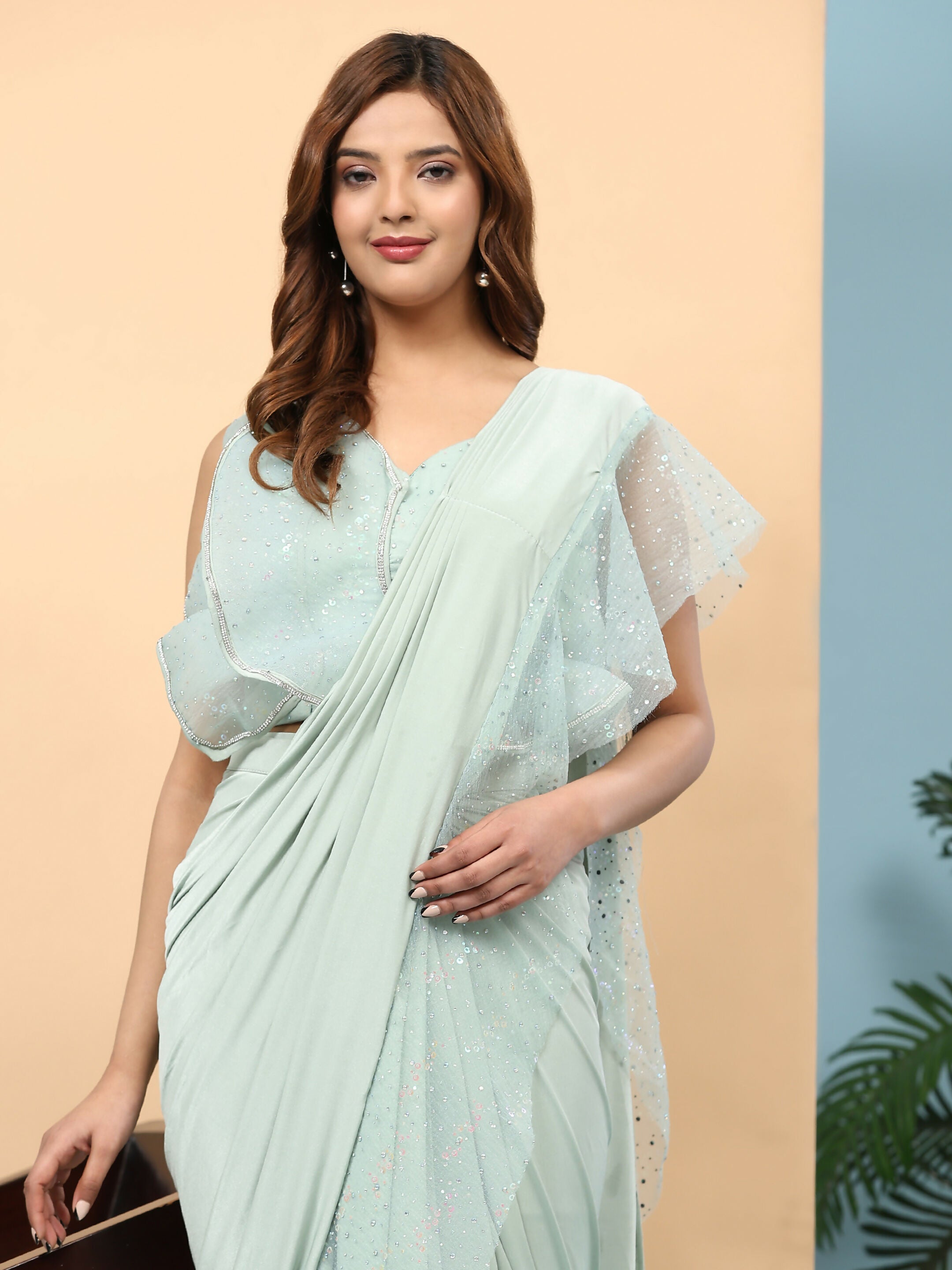 Light Blue Lycra Solid Ready to Wear Saree with stitched Blouse - Nita - Distacart