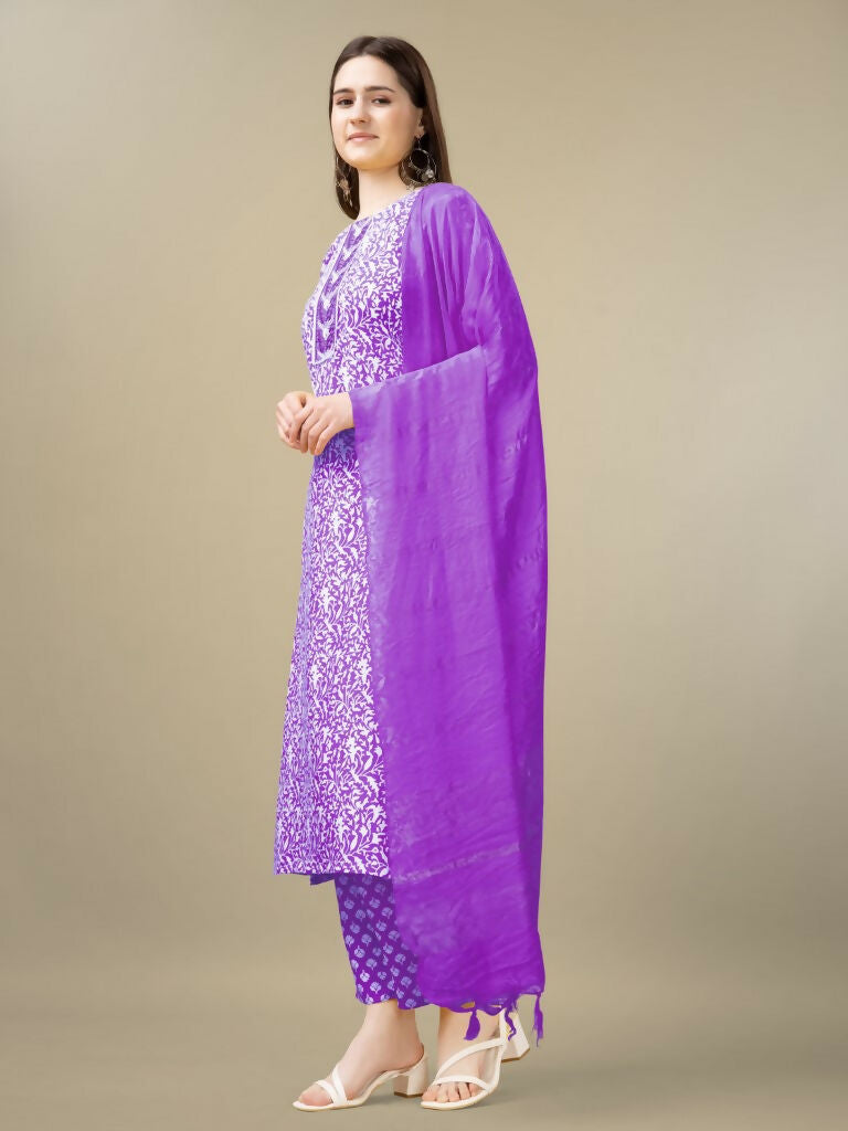 Jyoti Fashion Women's Purple Rayon Embroidery & Sequence work Kurta with Trouser & Dupatta - Distacart