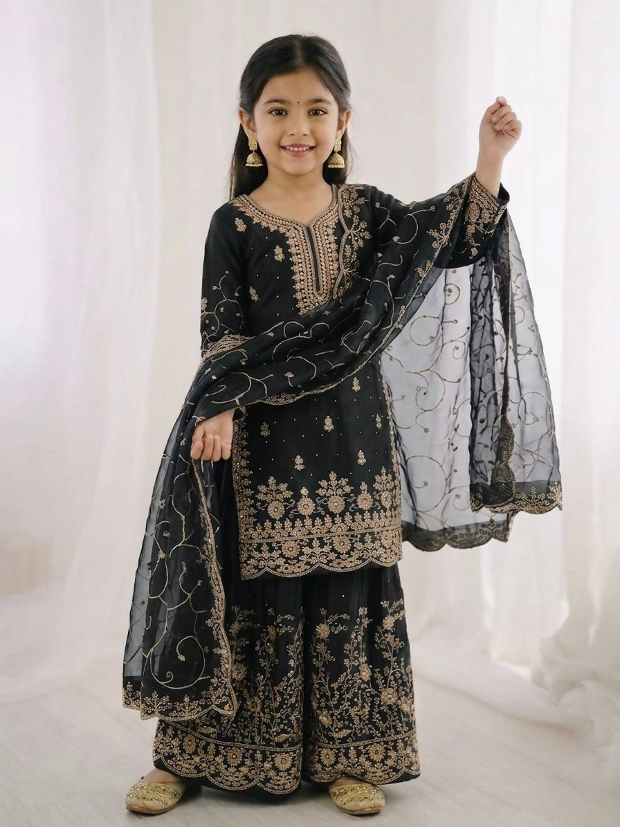 Teeya Creation Girls Heavy Embroidery Ethnic Kurta And Palazzo Set With Net Dupatta - Dista