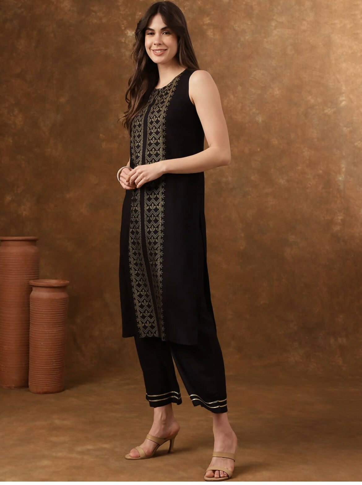 Cheera Women Stylish Hand Block Printed Cotton Blend Flared Kurta - Black - Distacart