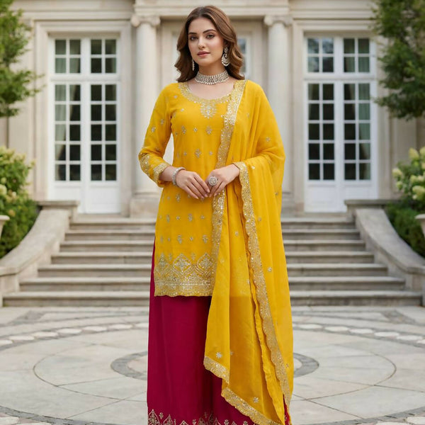 Teeya Creation Yellow Chinon Silk Embroidery Work Party Wear Palazzo Pair - Distacart