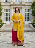 Thumbnail for Teeya Creation Yellow Chinon Silk Embroidery Work Party Wear Palazzo Pair - Distacart