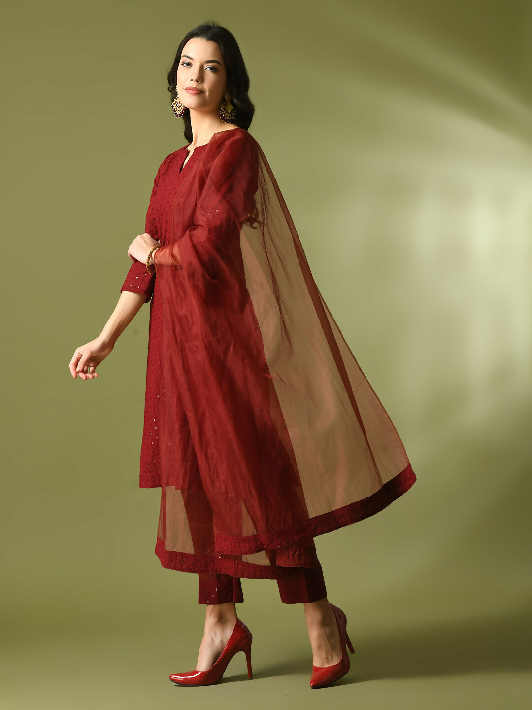 Myshka Women's Maroon Embroidered Cotton Straight Party Kurta Set With Dupatta - Distacart