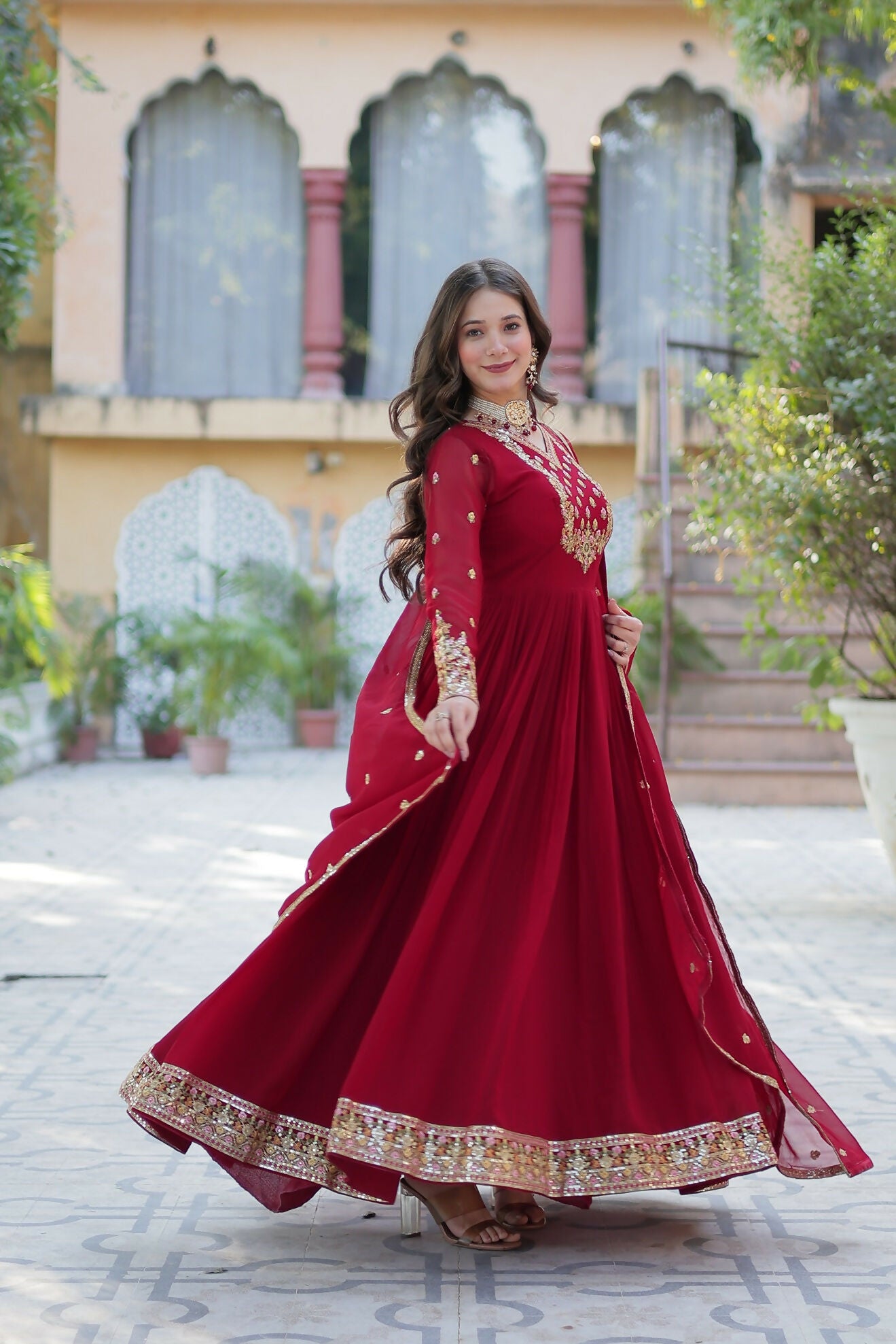 Joban Fashion Maroon Georgette Sequence Embroidery Work Kurta Set