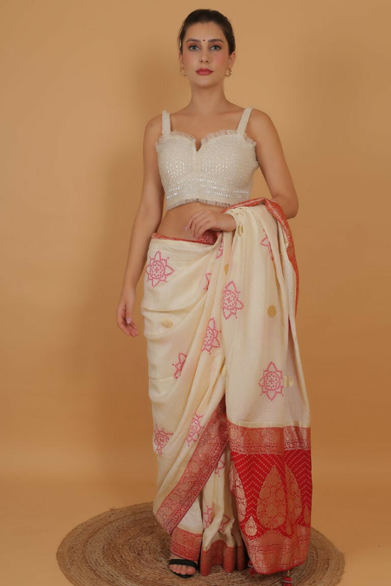 Joban Fashion Silk Pearl And Beads Hand Embroidery Padded Blouse - Pearl White