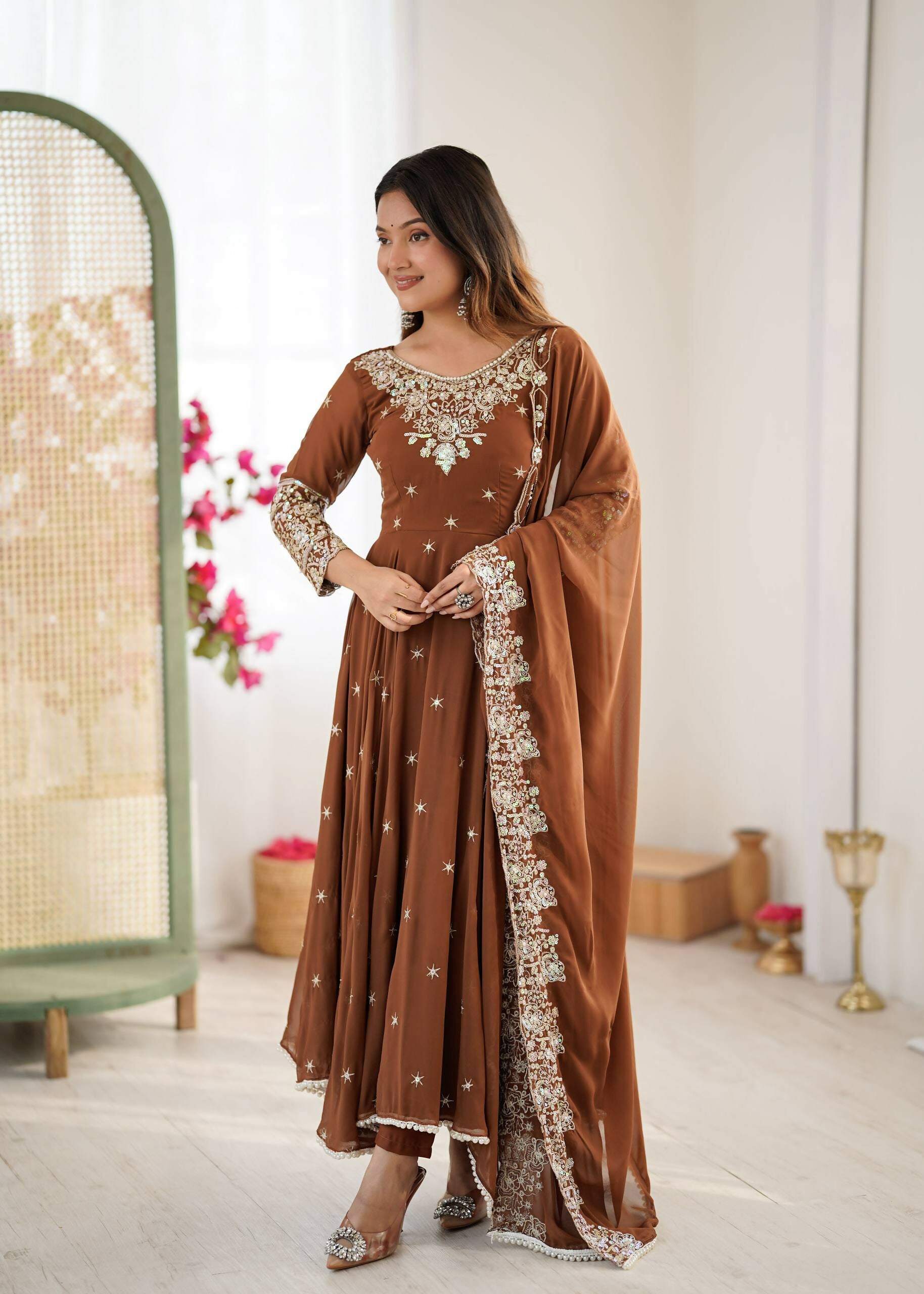 Teeya Creation Browm Color Faux georgette Embroidery Work Wedding Wear Gown - Distacart