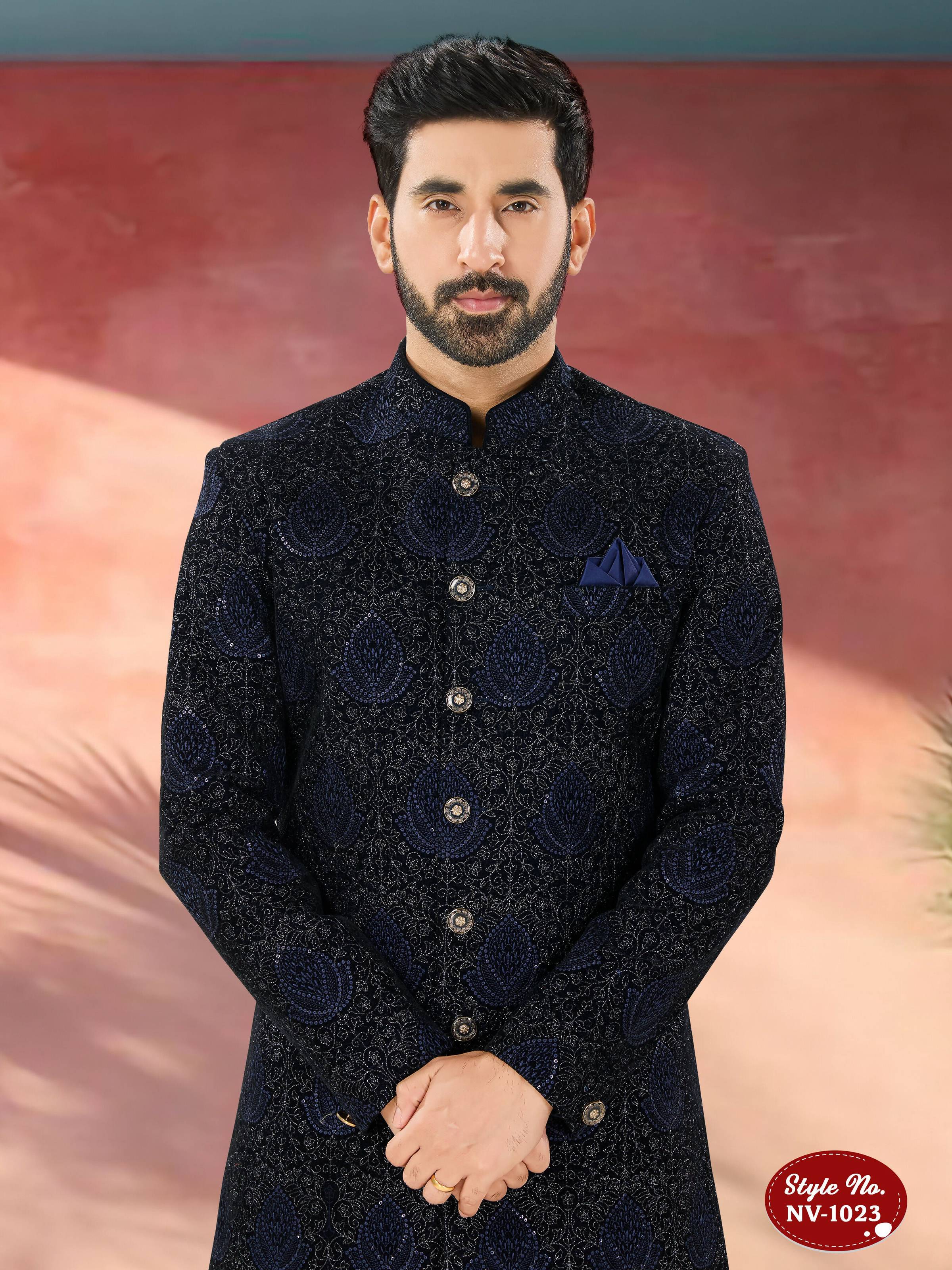 Joban Fashion Men's Blue Base Straight Velvet Thread And Sequence Embroidary All Over Indo-Western Kurta Set - Distacart