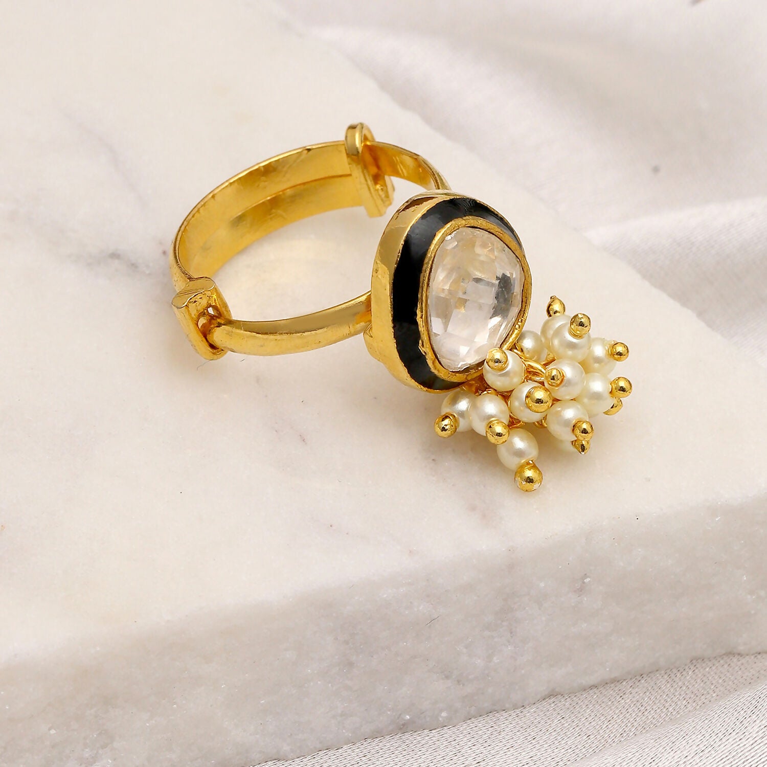 Kundan Ring with Pearls (Gold) - Ruby Raang - Distacart