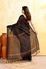 Thumbnail for Piyari Fashion Women's Black Embellished Cotton Blend Zari Check Handloom Saree - Distacart