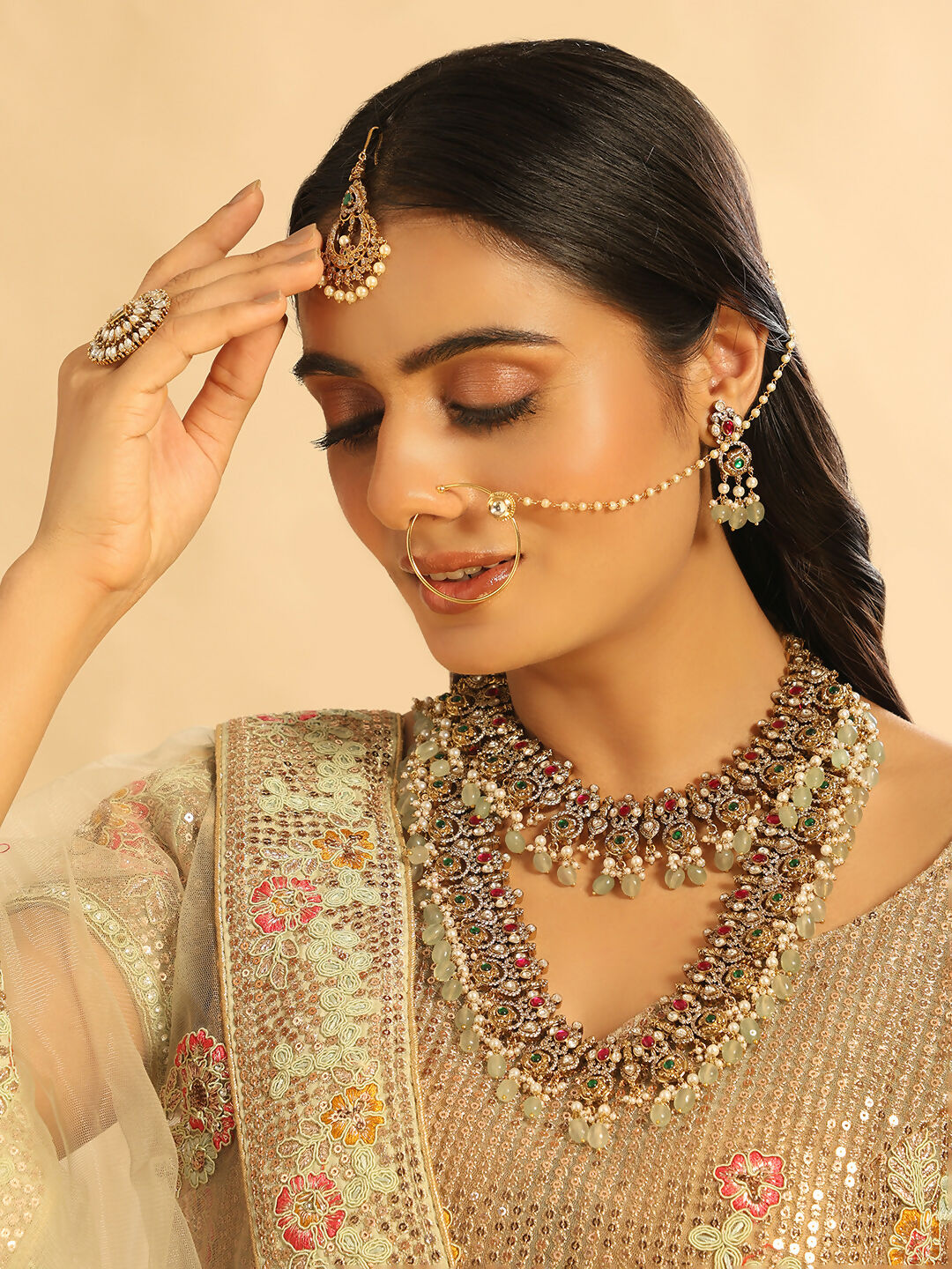 Nuyug 18K Gold Plated Divine Gold Tone Beaded Long Necklace Set
