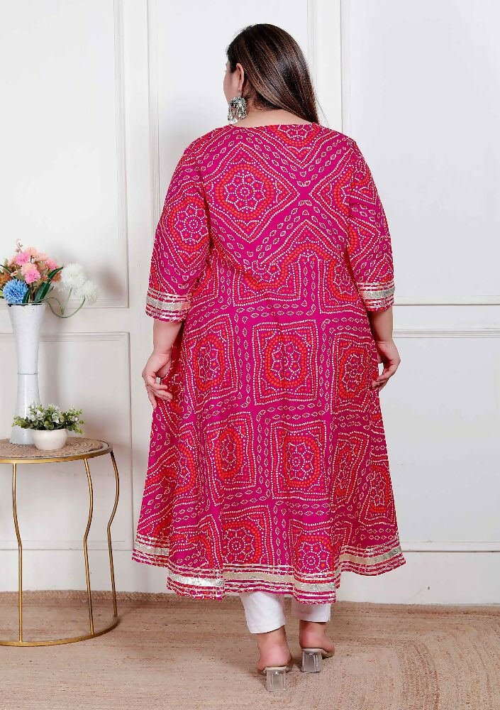 Miravan Plus Size Women'S Pink Cotton Bandhani Ethnic Anarkali Kurta