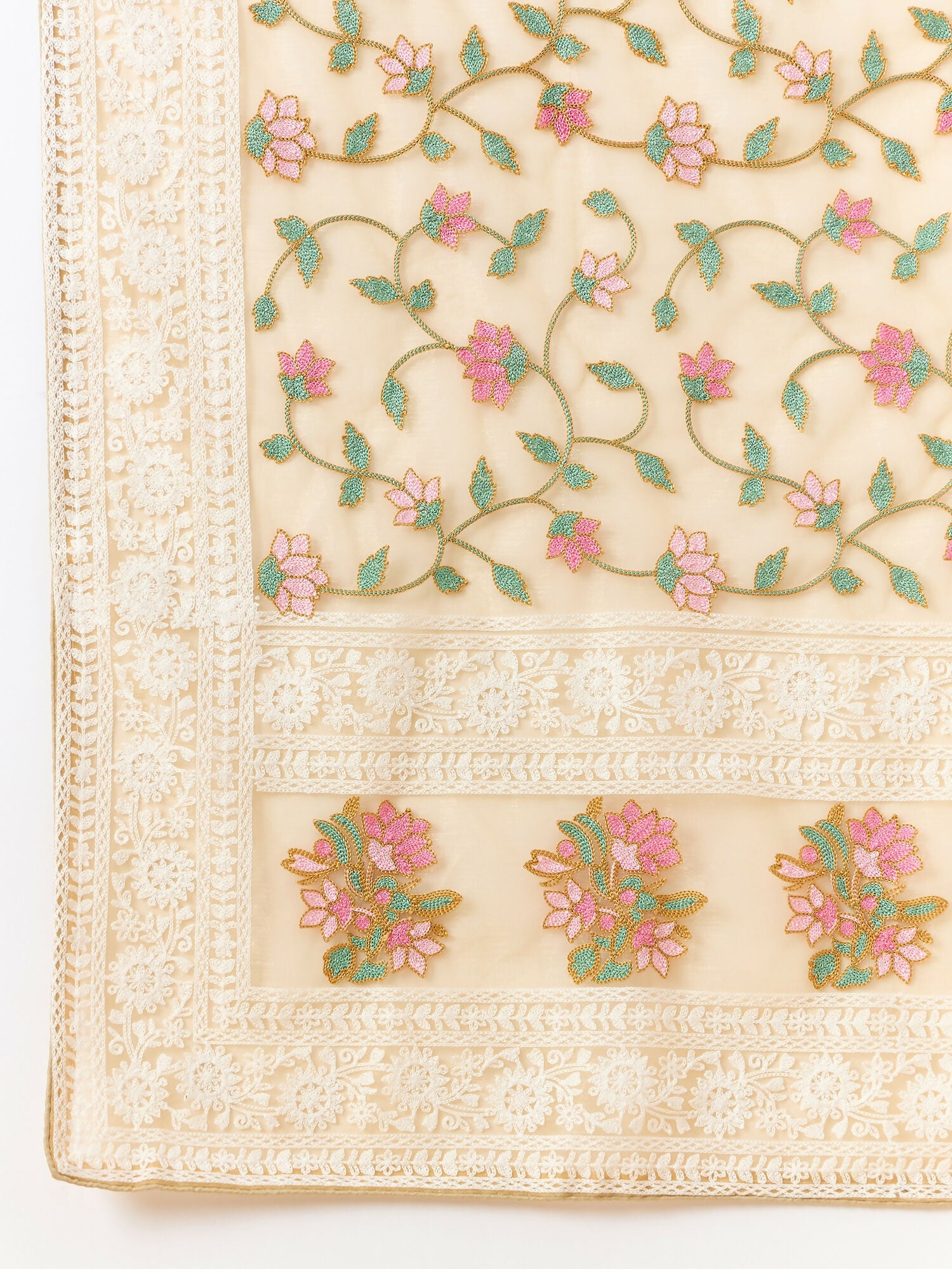 Beige Organza Floral Embroidered Saree with Unstitched Blouse Piece - Roozal - Distacart