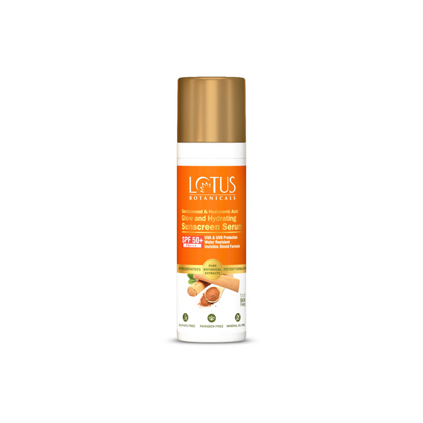 Lotus Botanicals Sandalwood & Hyaluronic Acid Glow and Hydrating Sunscreen Serum, SPF 50+, PA+++ - Distacart