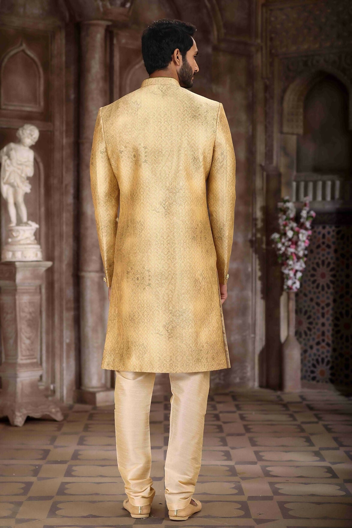 Raivat Ethnic Art Silk Digital Print Sherwani In Yellow Colour
