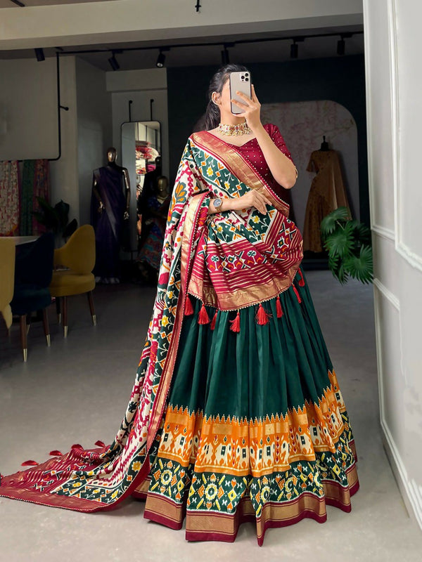 Preksha Creation Tusser Silk With Patola Print With Foil Print Women Lehenga Choli - Green - Distacart