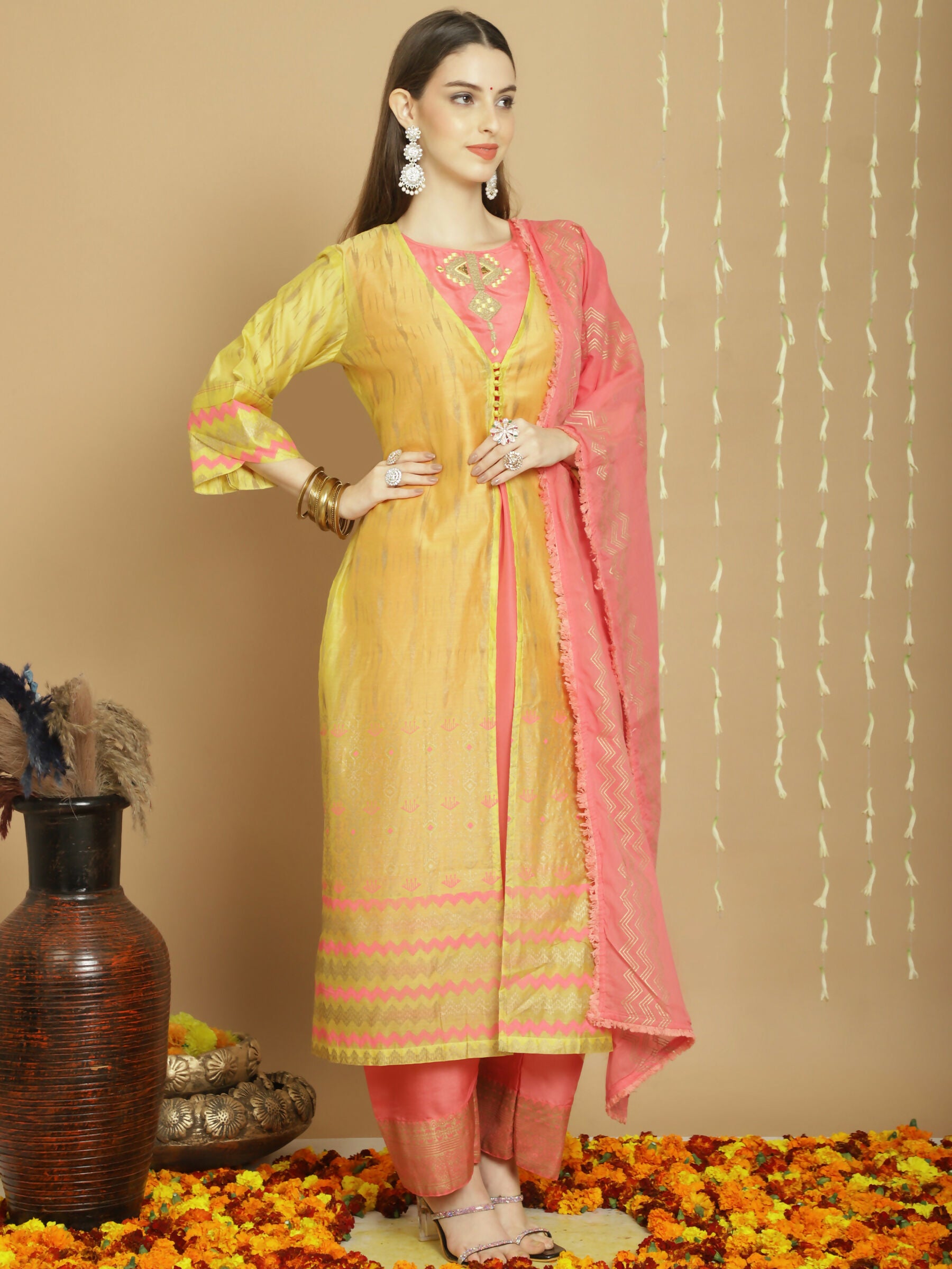 Jyoti Fashion Women's Yellow Chanderi Silk Elegant Jardoshi Semi Kurta with Trouser & Dupatta - Distacart