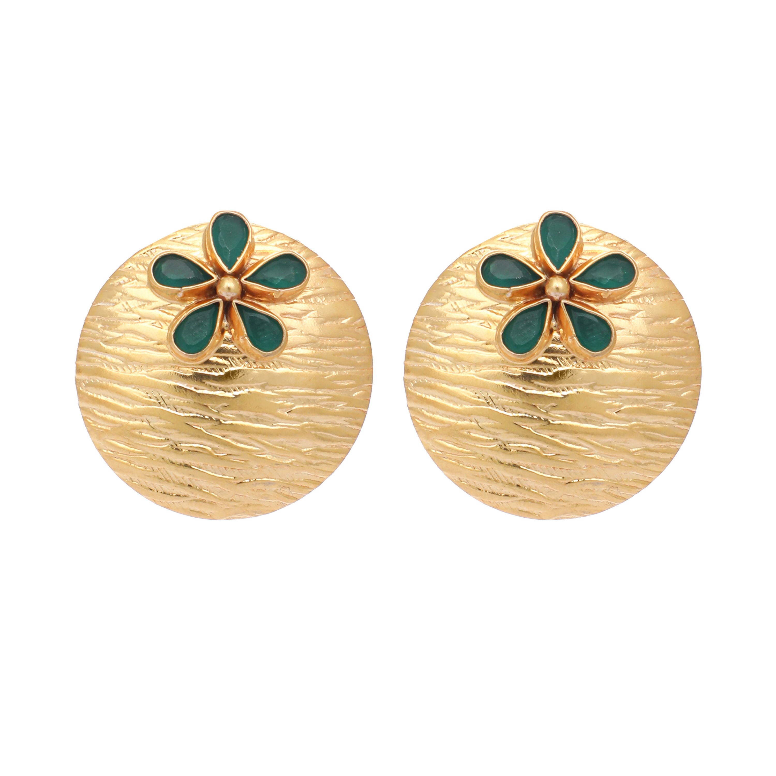 Nuyug 22K Gold-Plated Faux Emerald Stones Studded Circular Floral Shaped Motif Studs