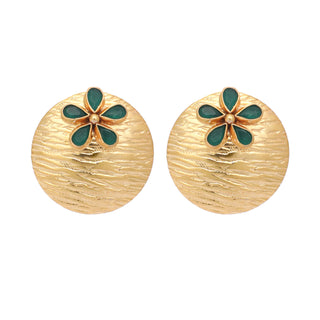 Nuyug 22K Gold-Plated Faux Emerald Stones Studded Circular Floral Shaped Motif Studs